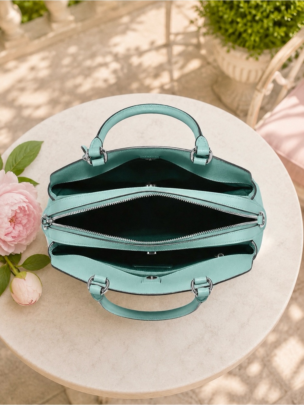 COACH Mini Lillie Carryall Light Teal Crossgrain Leather Satchel Crossbody - Picture 2 of 6